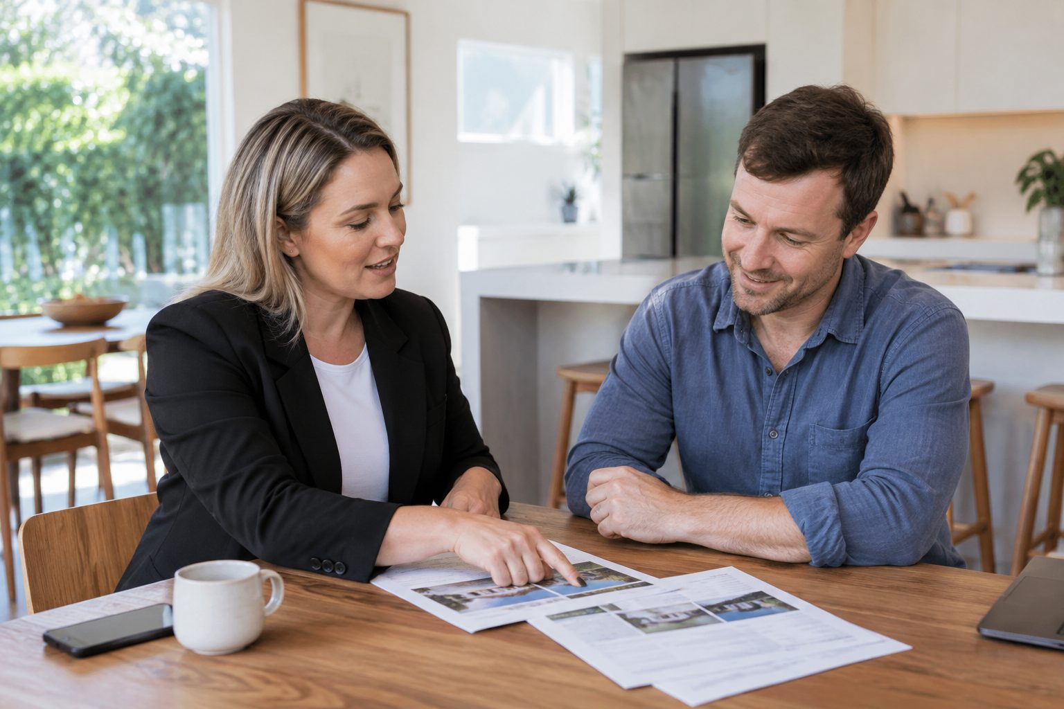 Agent and homeowner reviewing sold results at home