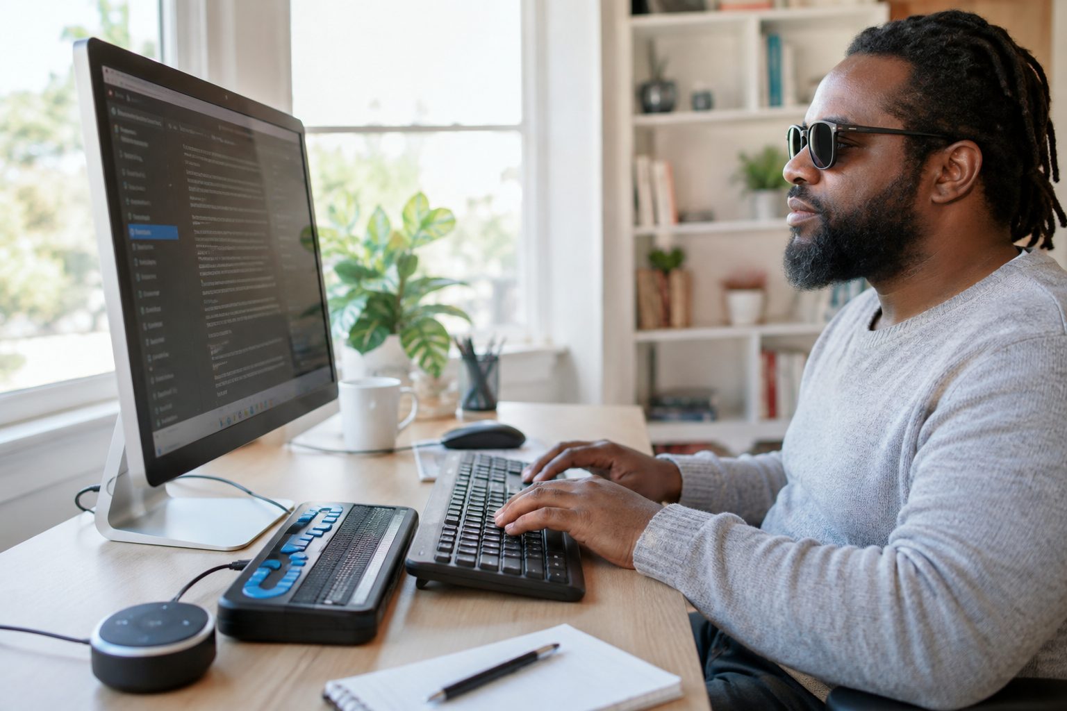 Person using a screen reader and braille keyboard on a desktop computer