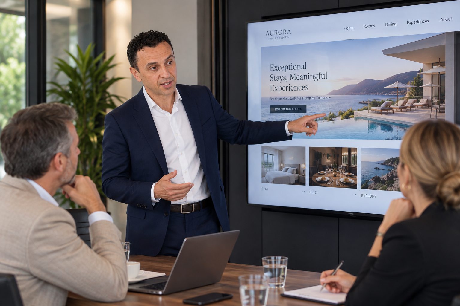 Titan Blue director presenting a hotel website design concept to hospitality business owners