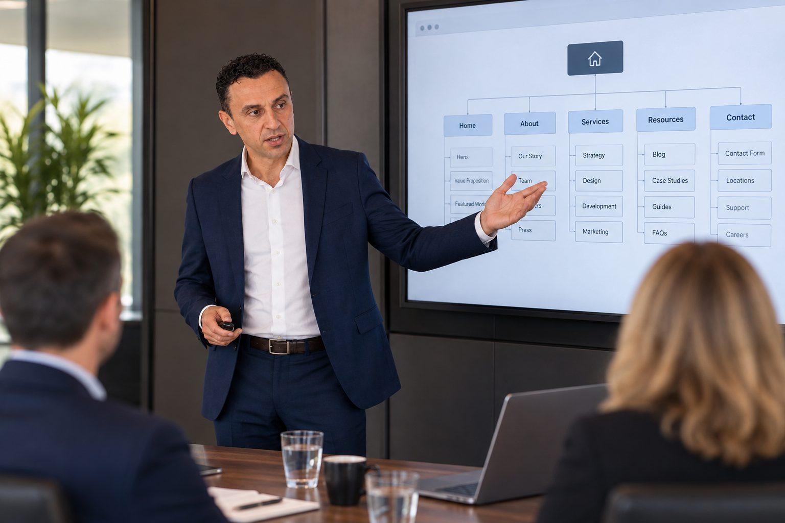 Titan Blue founder Richie Zengoski presenting a website structure diagram to colleagues in a boardroom