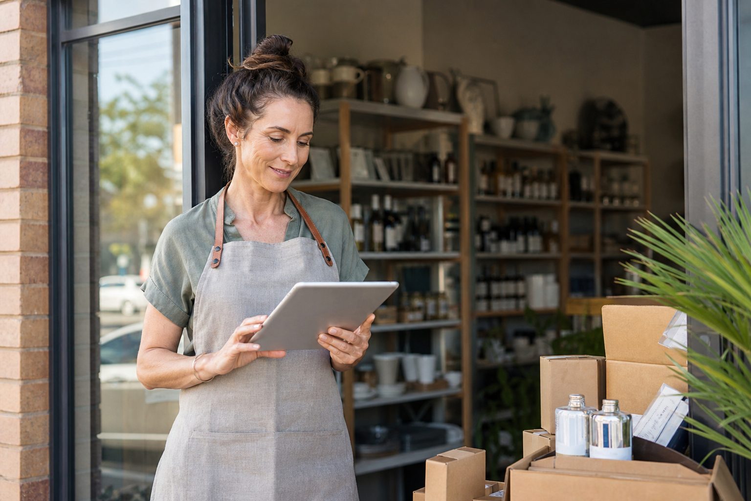 Small business owner checking their online store on a tablet in front of their shopfront