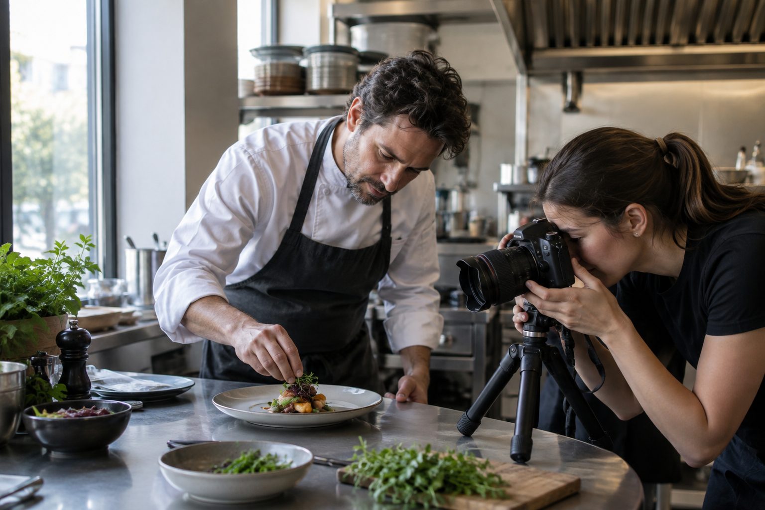 Chef and photographer capturing a plated dish for a restaurant website