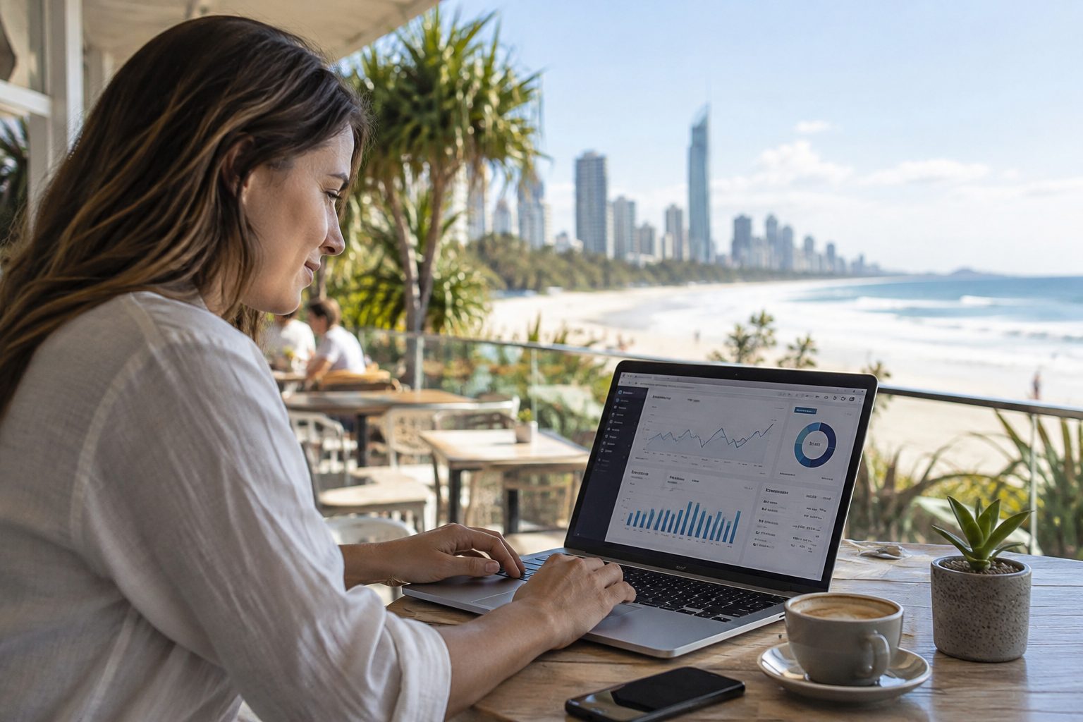 Business owner reviewing hotel website booking analytics on a laptop overlooking the Gold Coast