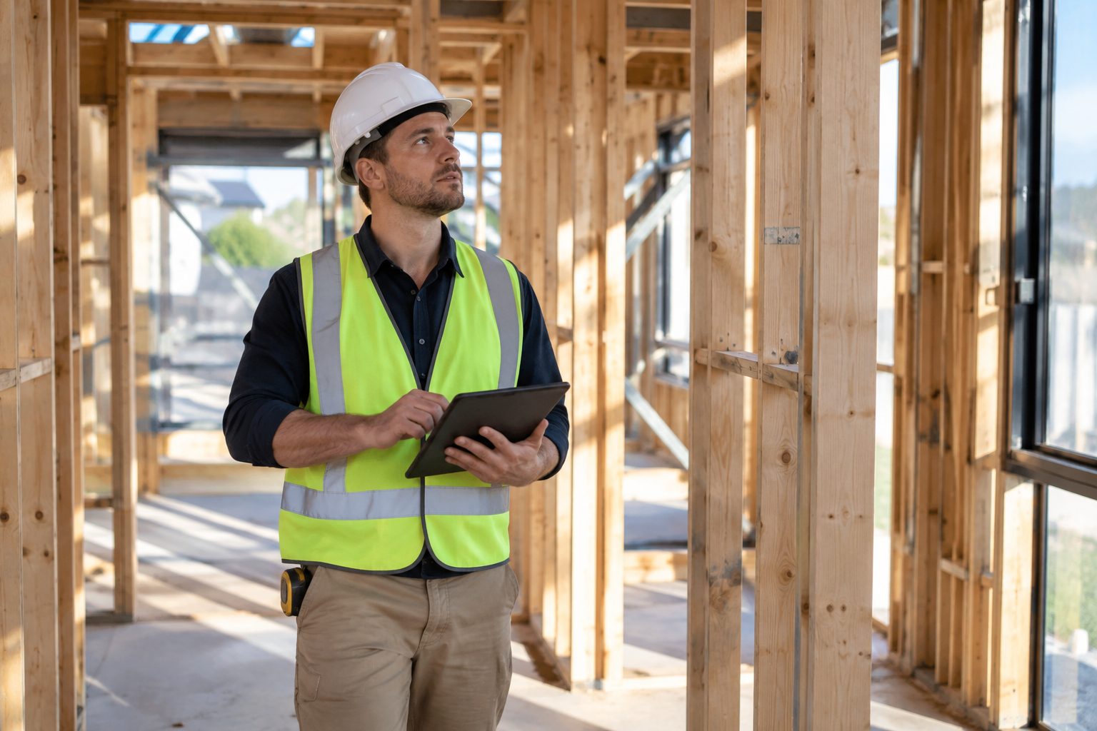 Construction project manager checking a tablet inside a residential building frame