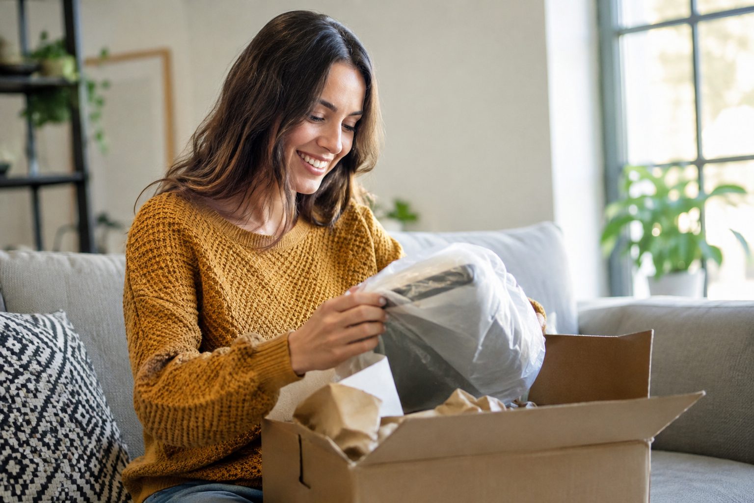 Customer unboxing a delivered online order at home