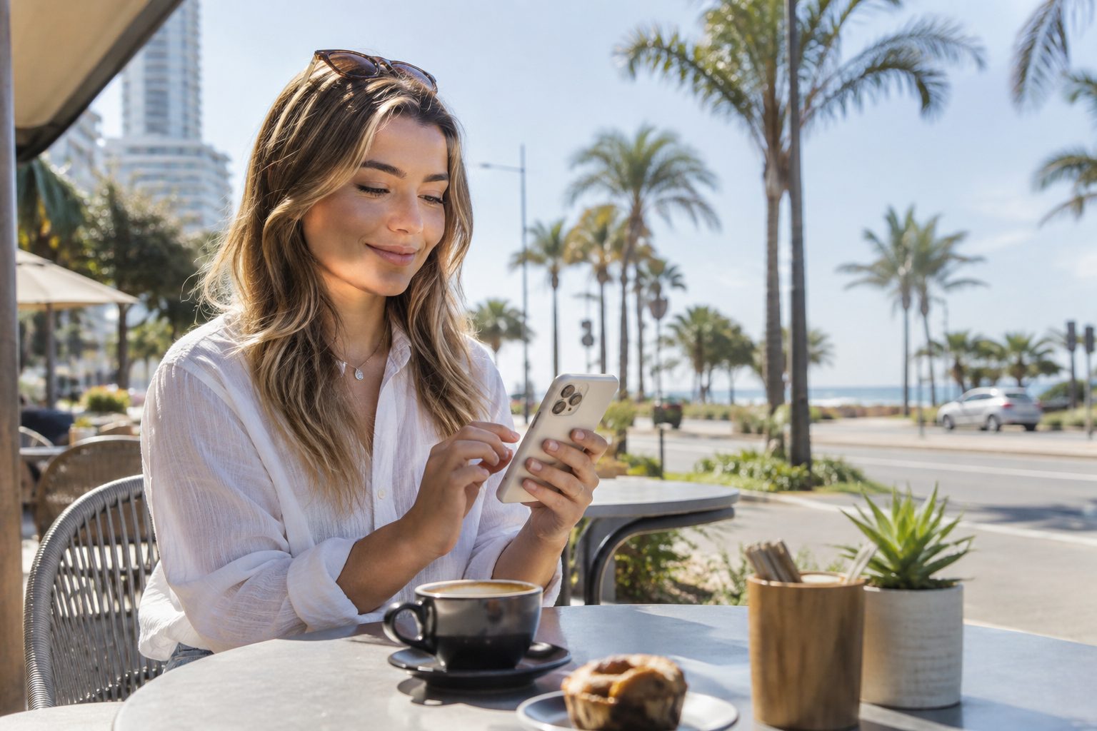 Woman checking a dentist location on her phone at a Gold Coast cafe