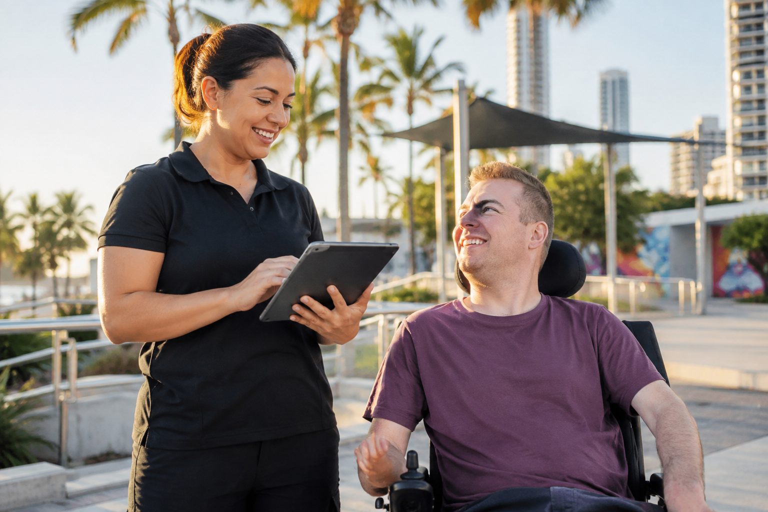 Support worker using a tablet with an NDIS participant on the Gold Coast