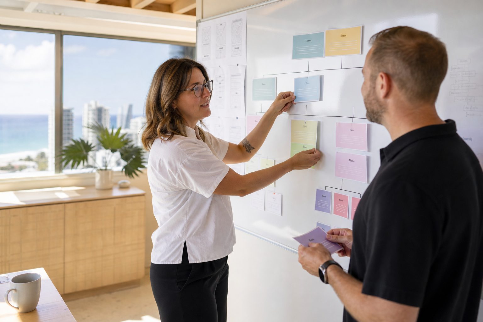 Web design team mapping an accessible website content hierarchy on a whiteboard