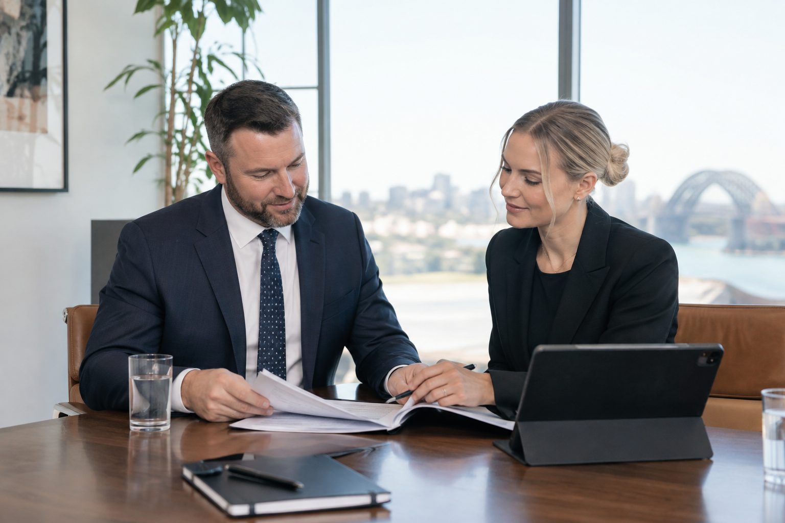 Solicitor and client reviewing legal documents together at a boardroom table