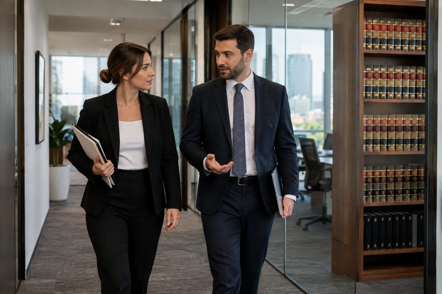 Two solicitors discussing a matter in a law firm hallway with legal volumes
