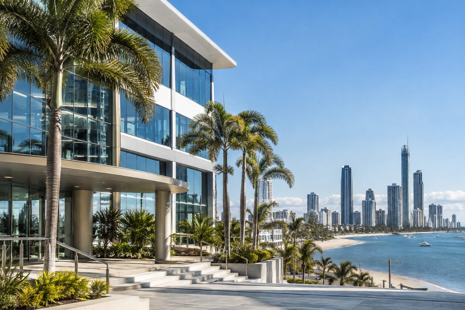 Modern office building on the Gold Coast with palm trees and coastal skyline