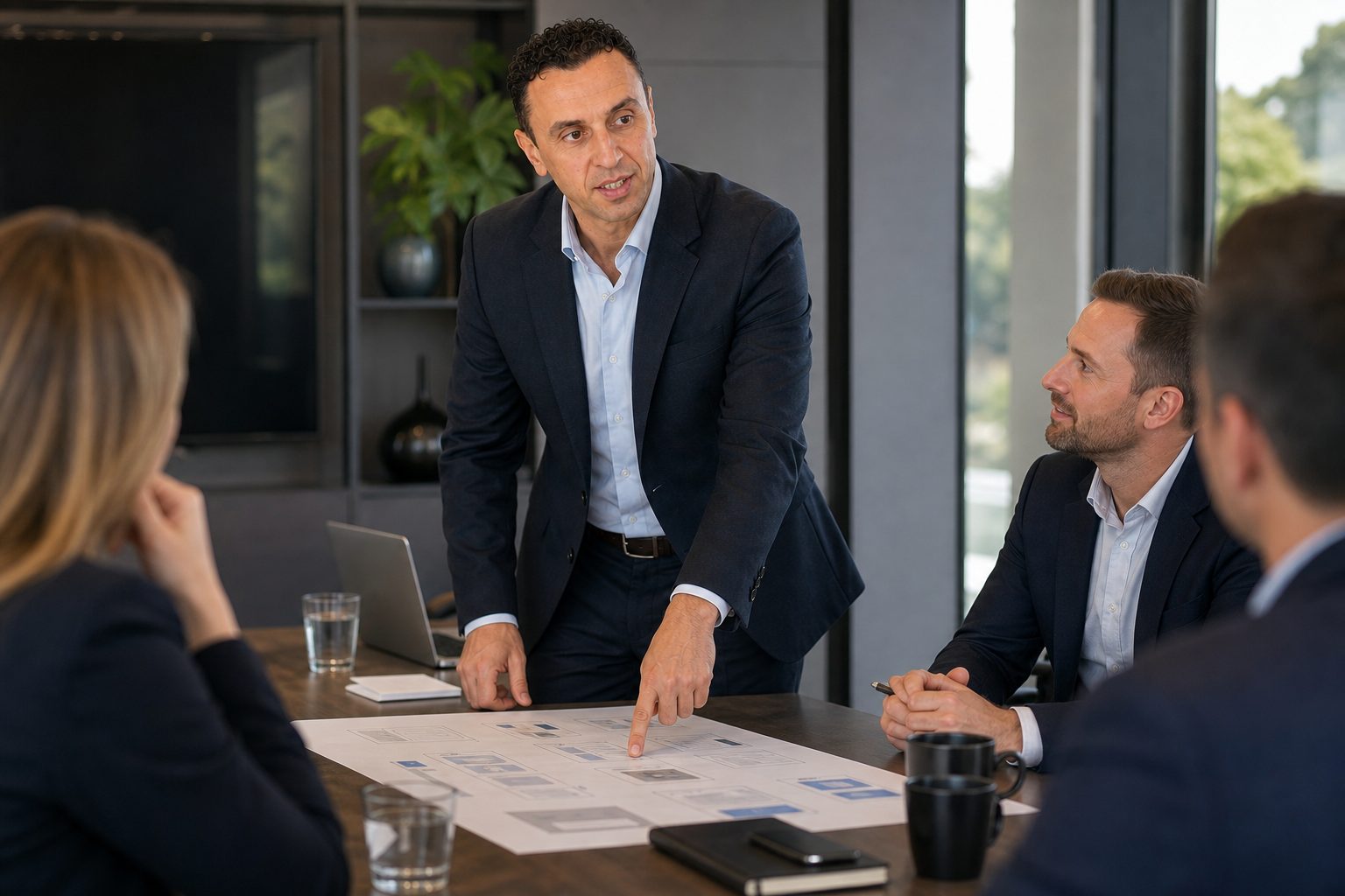 Richie Zengoski presenting a website sitemap to clients in a Titan Blue boardroom meeting