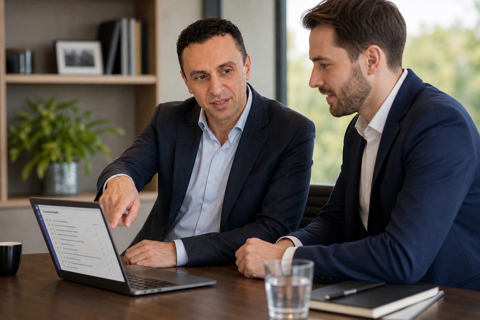 Titan Blue founder Richie Zengoski reviewing a schema audit checklist with a colleague