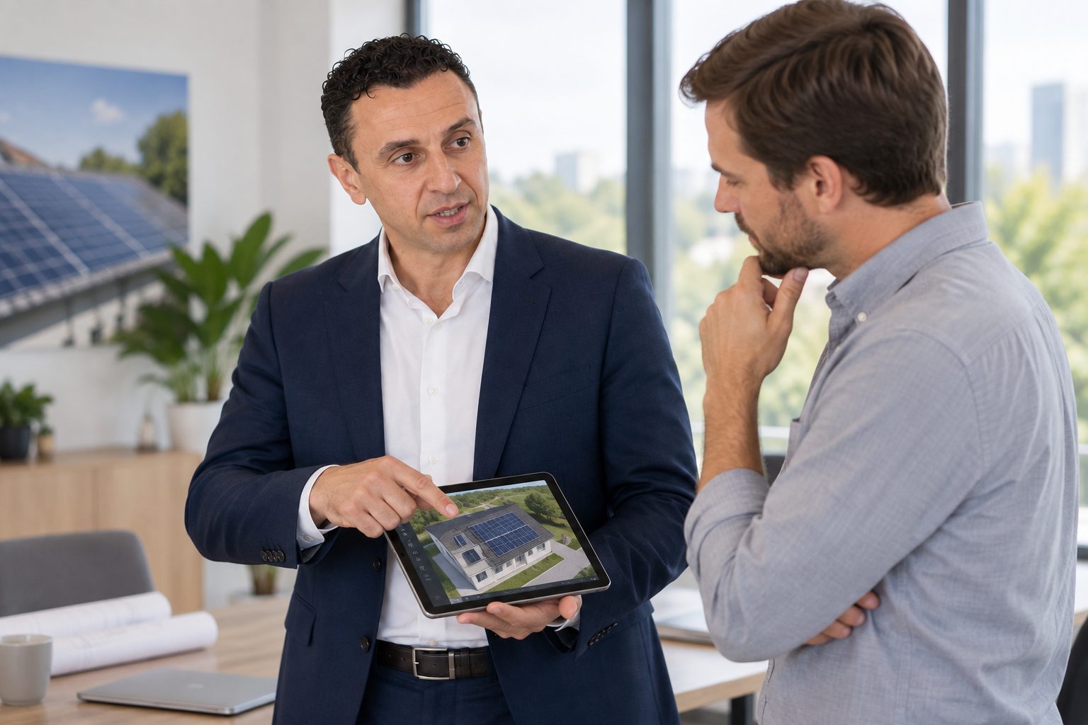 Titan Blue co-founder Richie Zengoski reviewing a solar installer website mockup with a client on a tablet