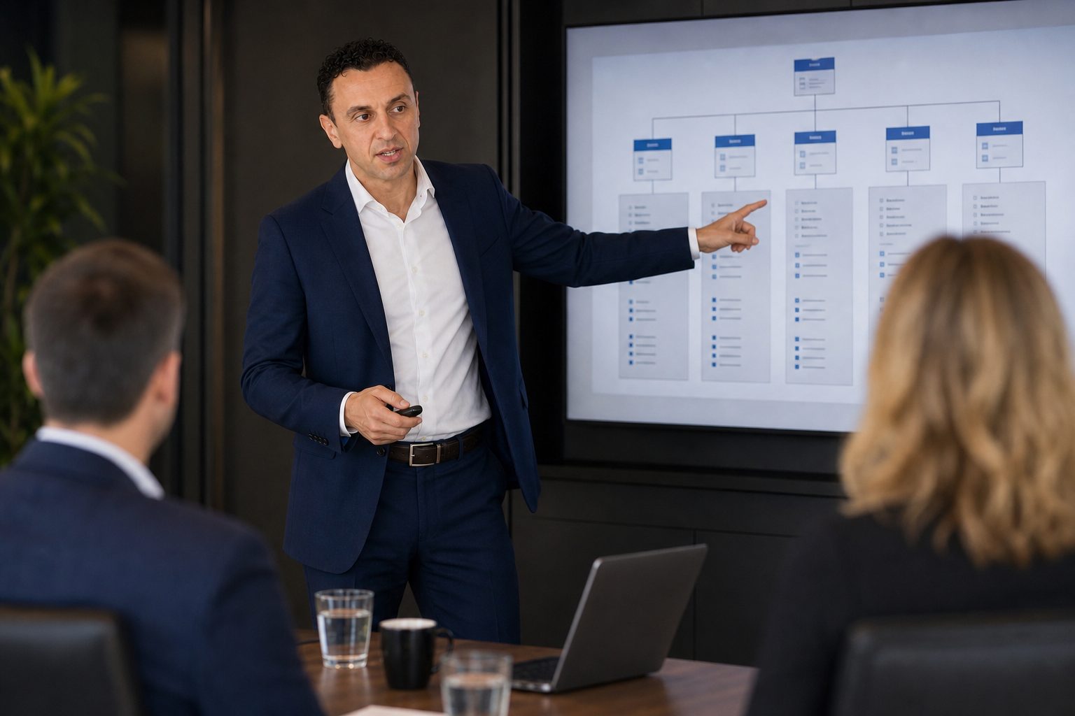 Richie Zengoski presenting a website structure diagram to colleagues in a boardroom