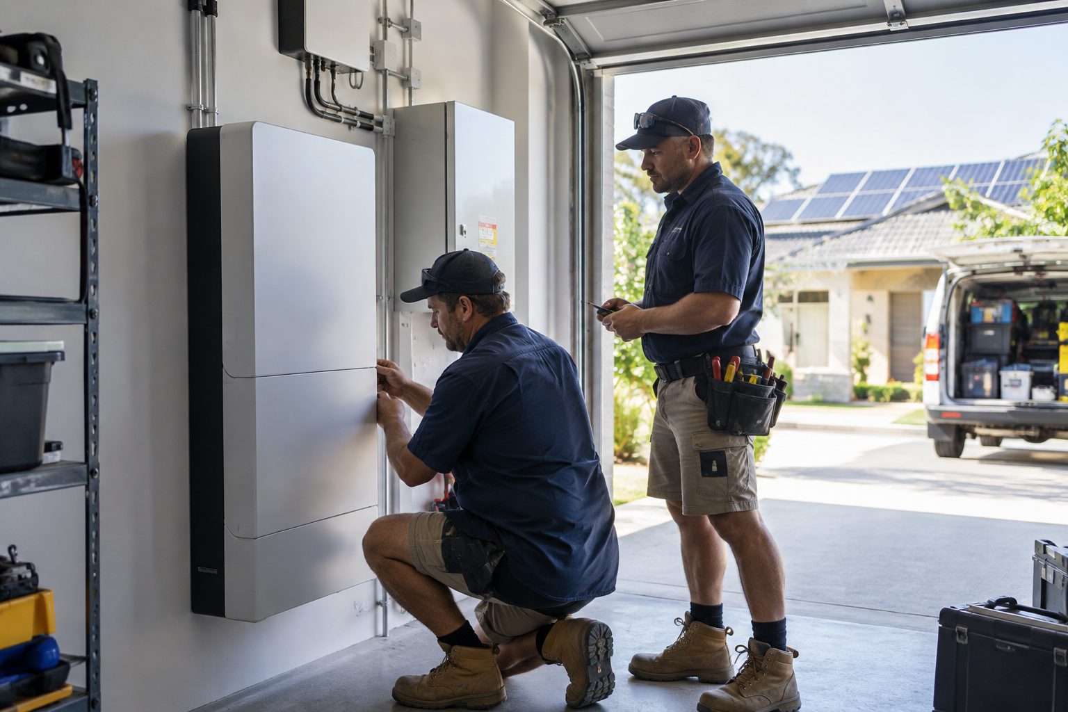 Two solar technicians installing a home battery storage unit in a residential garage