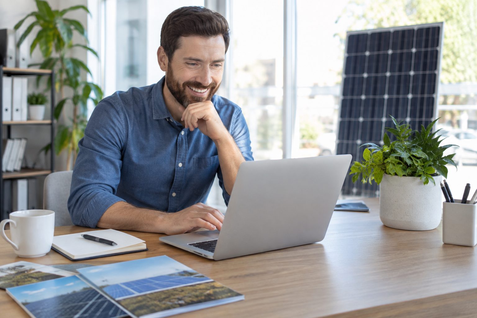 Solar business owner reviewing their new website on a laptop at an office desk