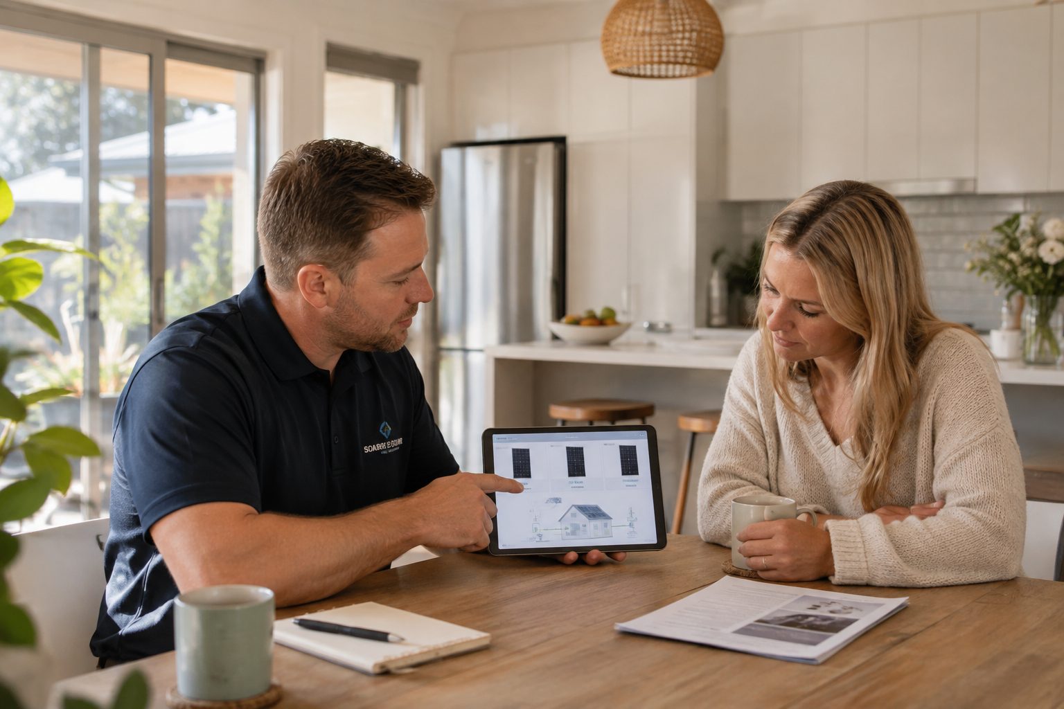 Solar company consultant showing a homeowner solar panel brand options on a tablet during a consultation