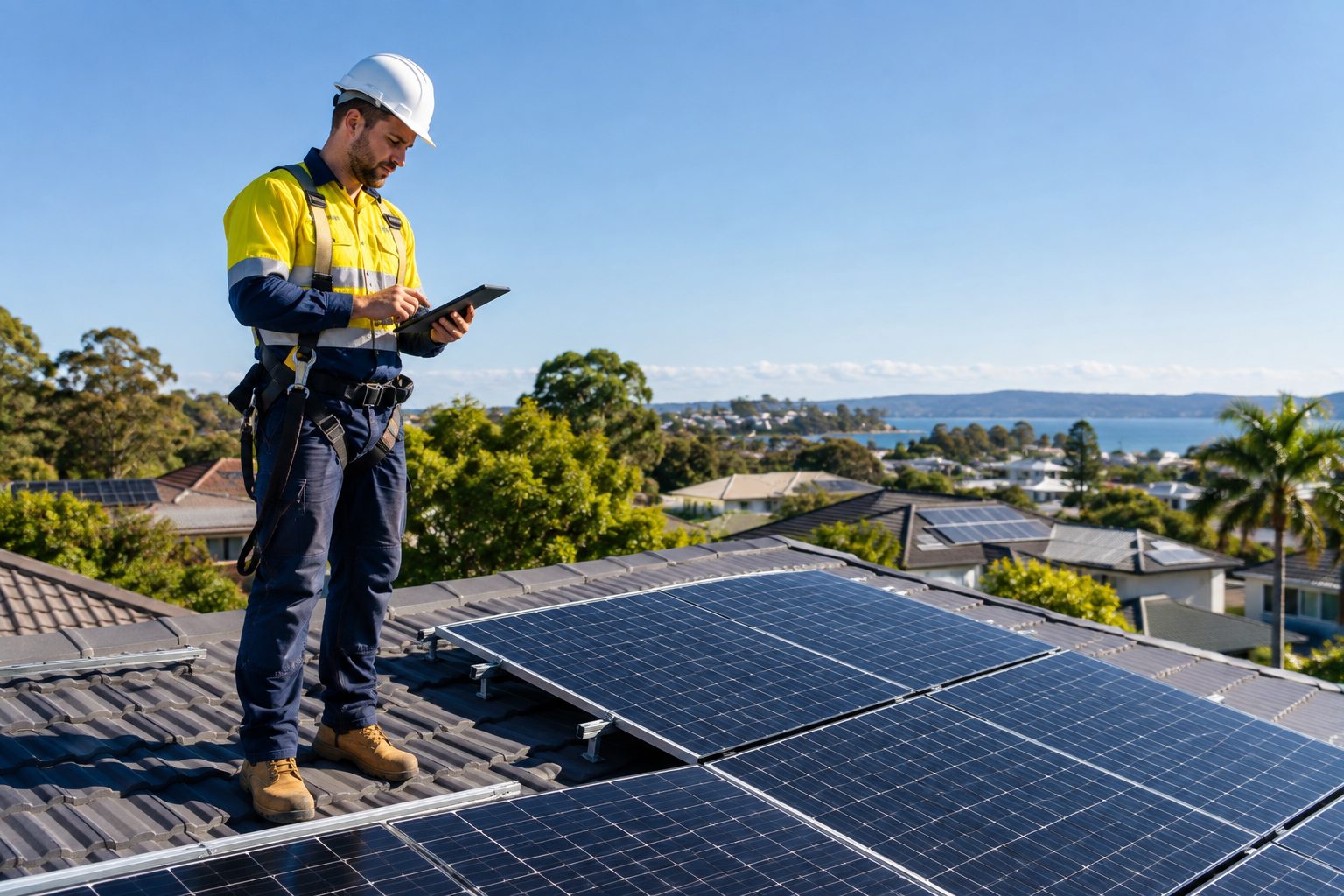 Solar installer inspecting newly installed rooftop solar panels with a tablet in an Australian suburb