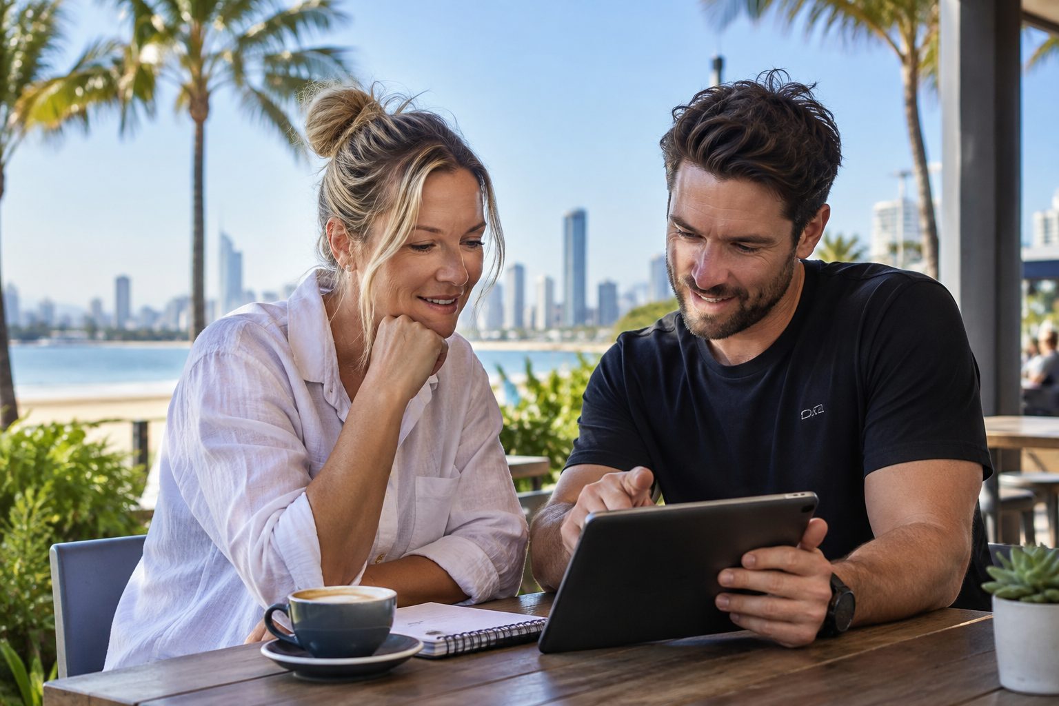 Business owner and web developer reviewing a website layout together at an outdoor Gold Coast cafe table