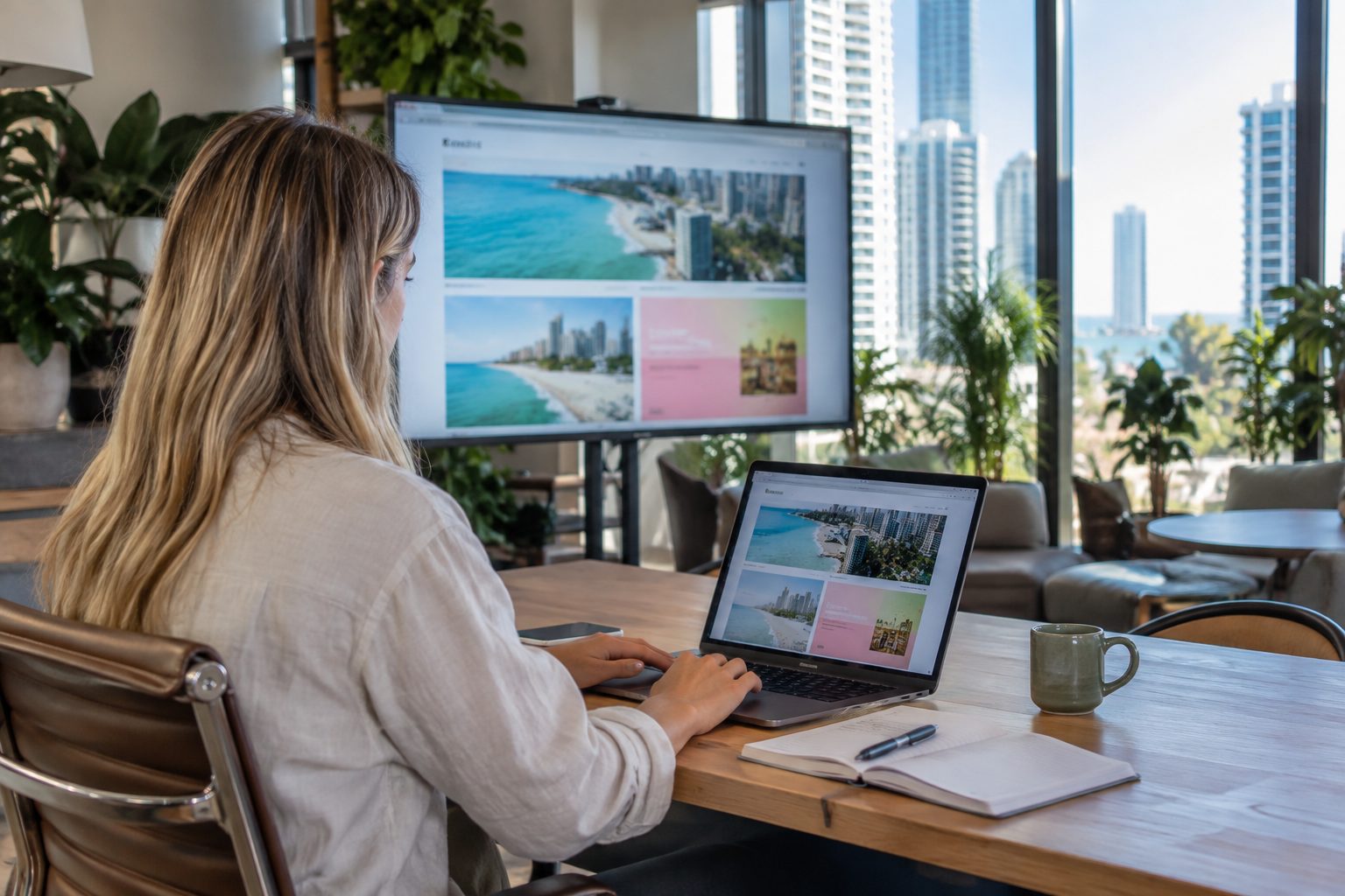 Person reviewing a website homepage layout on a laptop and monitor in a Broadbeach coworking space