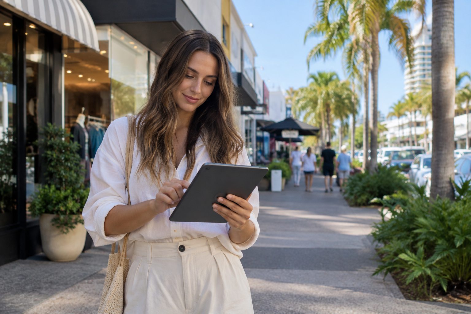 Woman checking a business website on a tablet while walking past Gold Coast shopfronts
