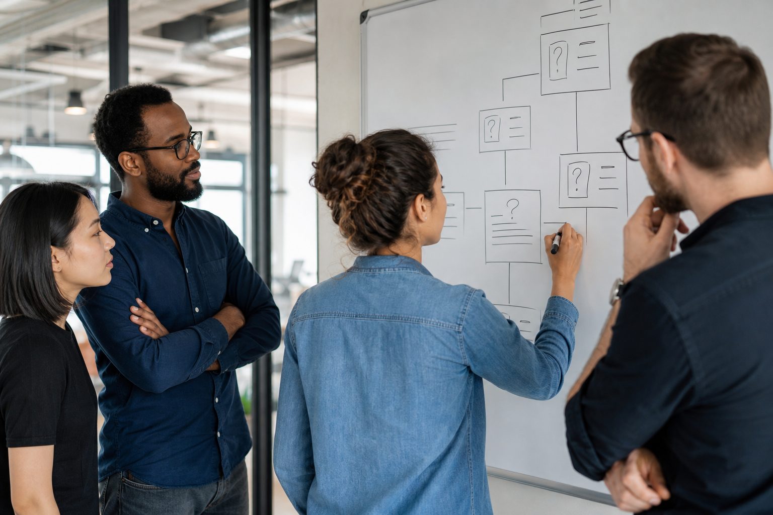 Marketing team sketching a website question and answer structure on a whiteboard