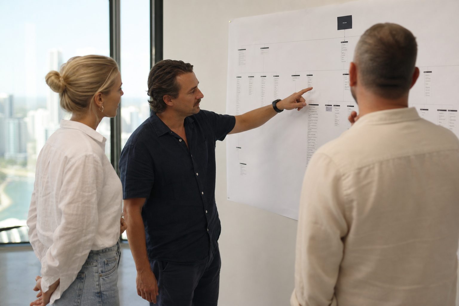 Agency team discussing a printed website sitemap poster pinned to the wall