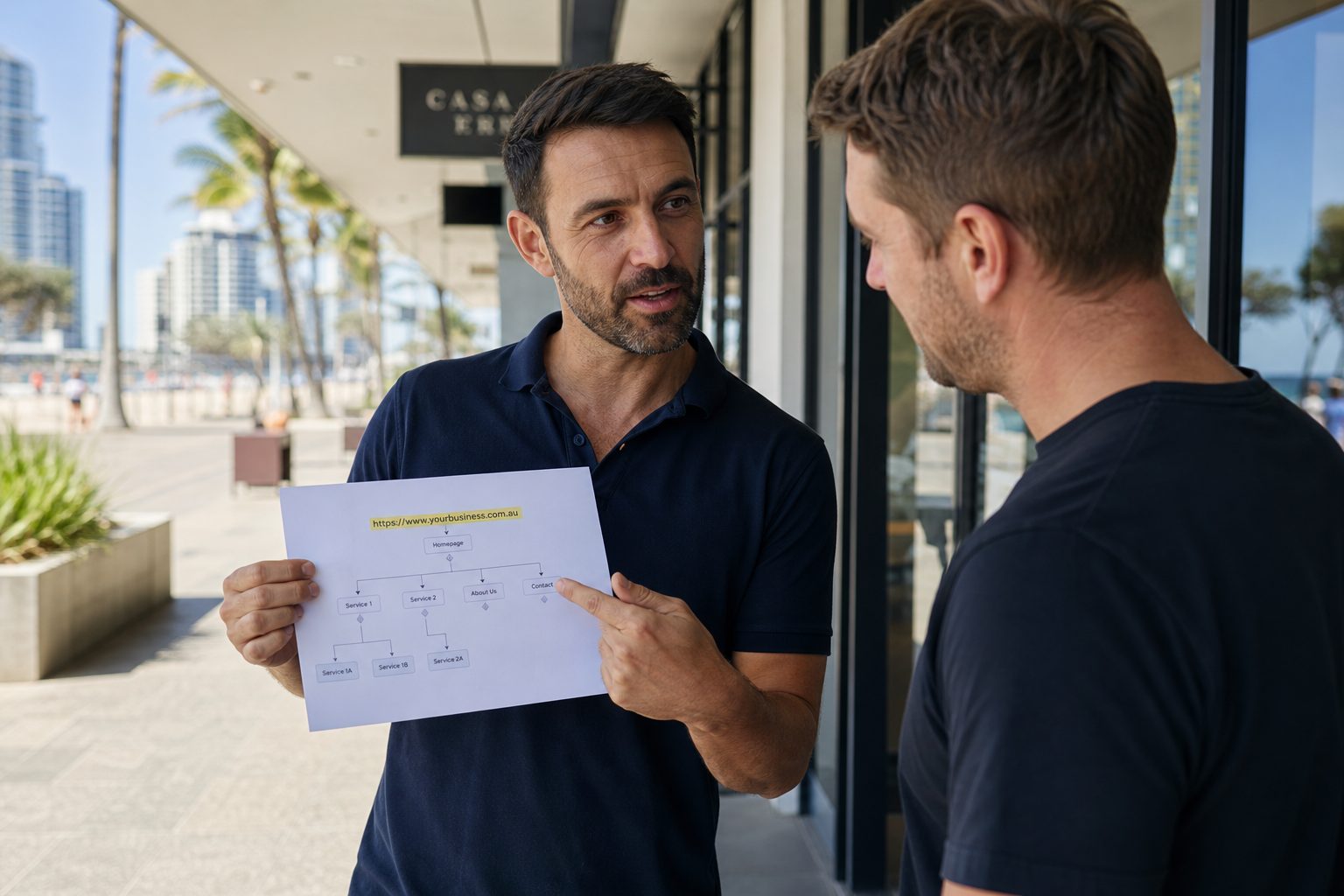 Business owner discussing a website URL structure diagram outdoors at Broadbeach