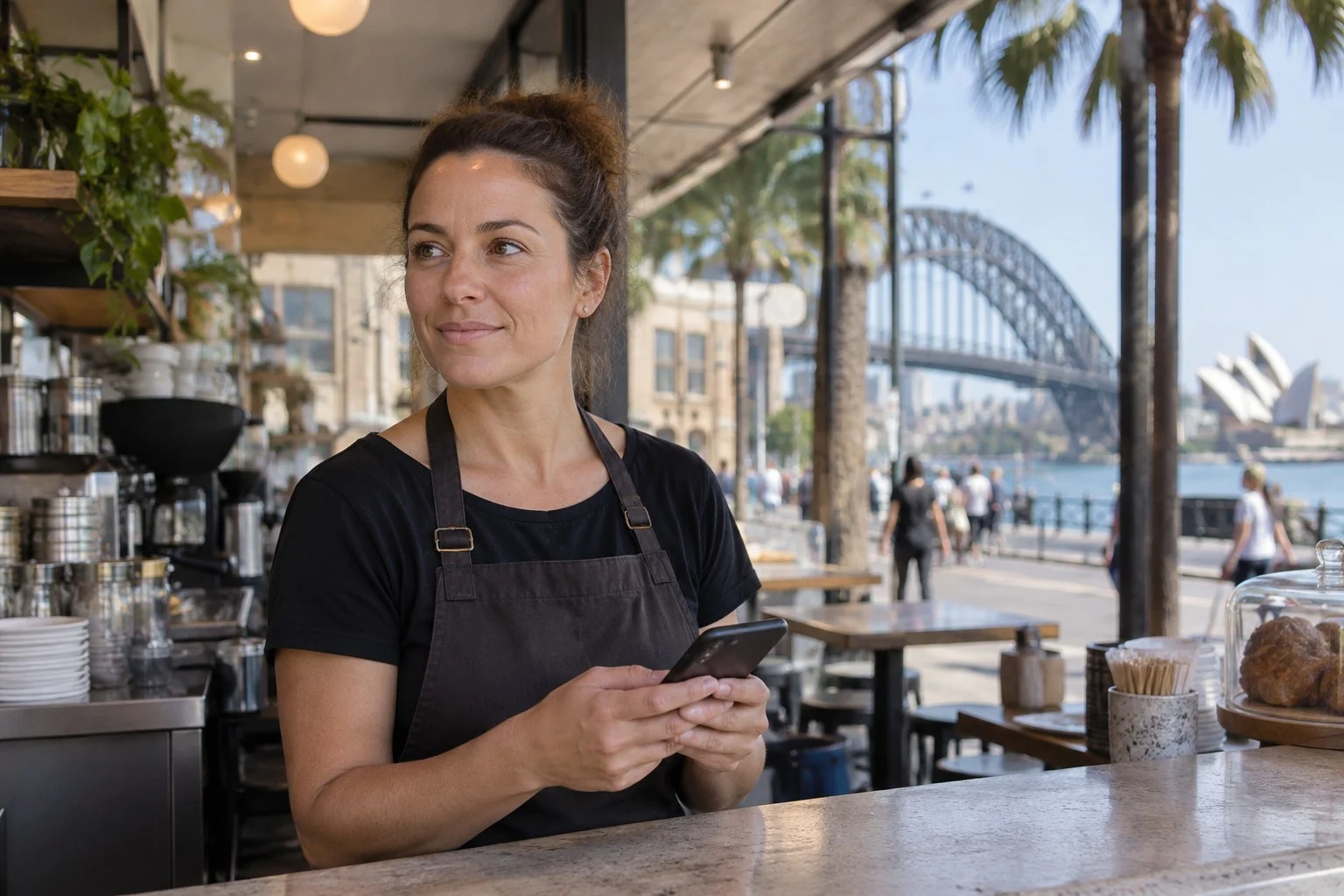 Sydney cafe owner holding a smartphone at the counter