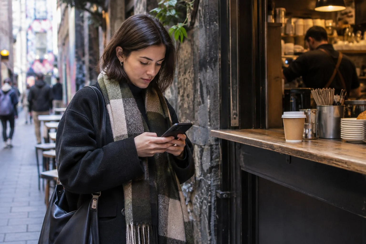 Melbourne laneway cafe customer searching on a phone