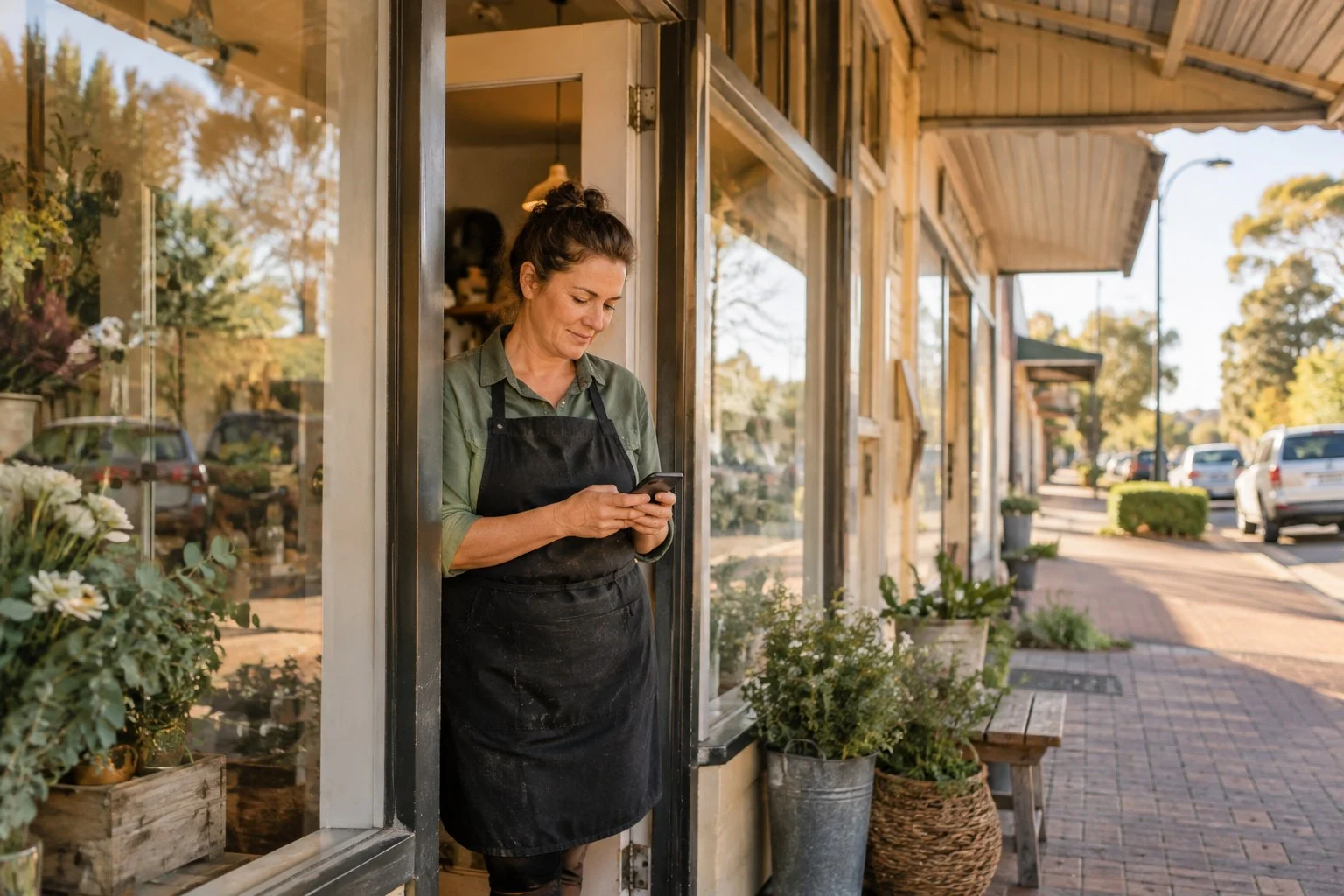 Regional Australian shop owner looking at a phone in the doorway