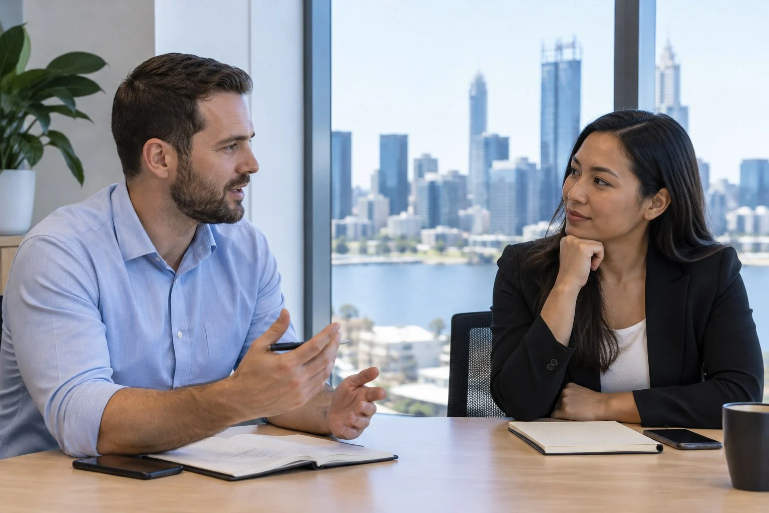 Perth office colleagues discussing at a meeting table