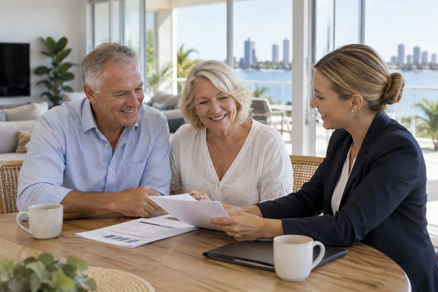 Financial adviser and a retired couple reviewing a plan together at a table in a bright Gold Coast home