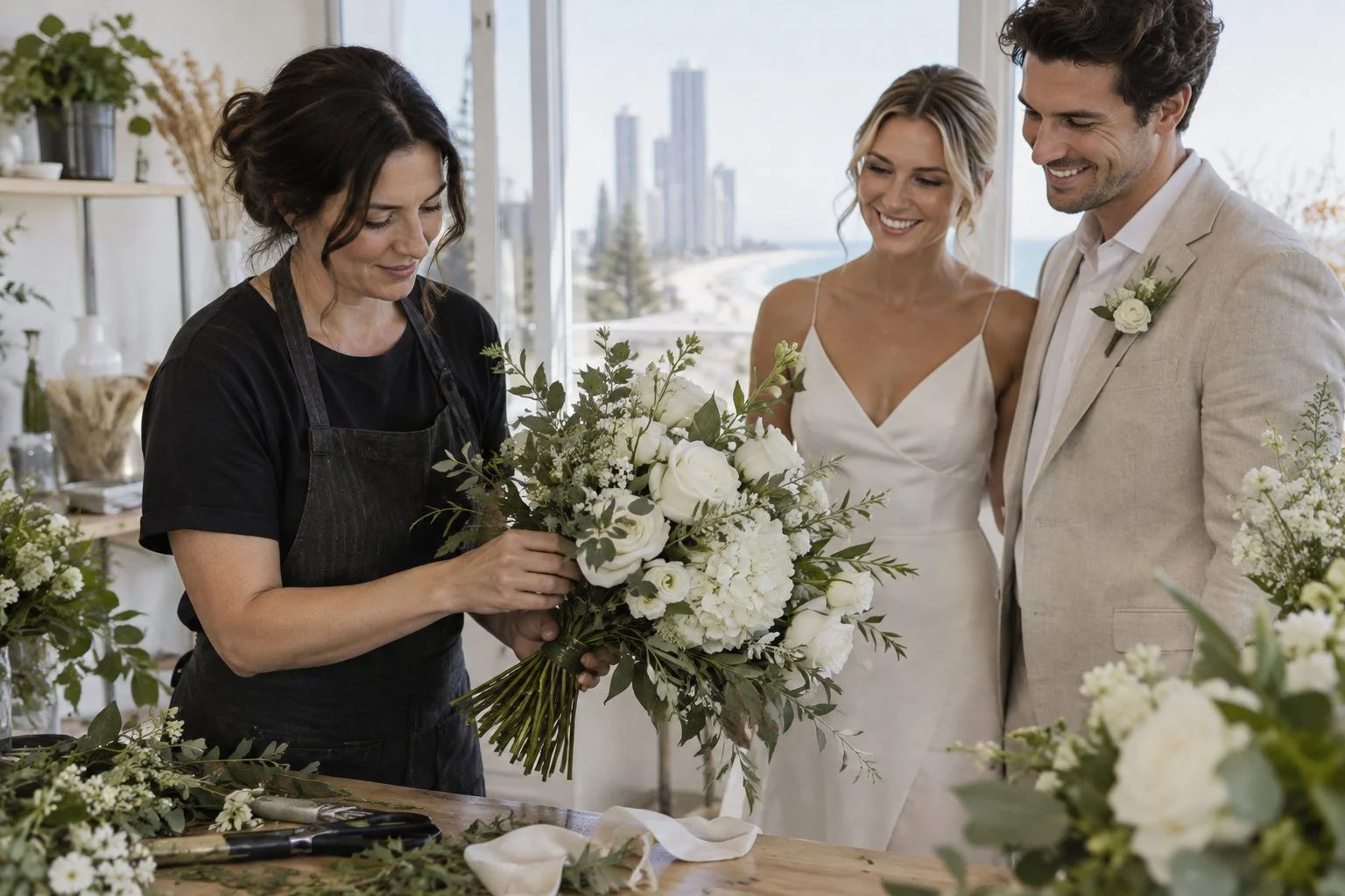 Gold Coast wedding florist arranging a white bridal bouquet while a couple looks on in a bright studio