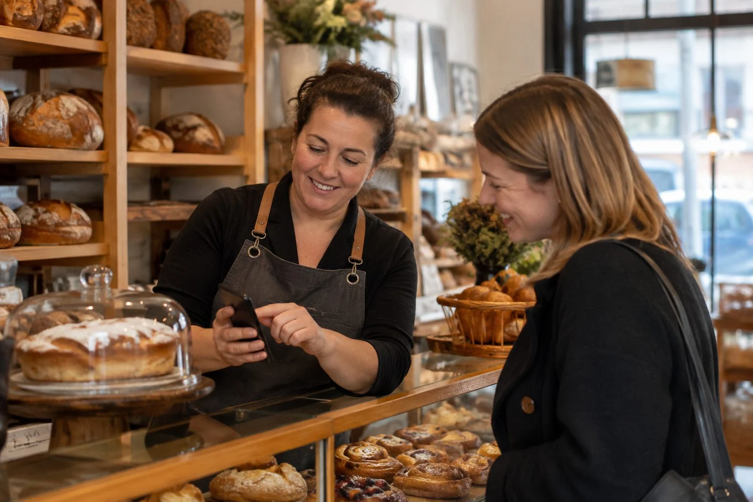 Bakery owner in regional Victoria showing a customer something on her smartphone at the shop counter