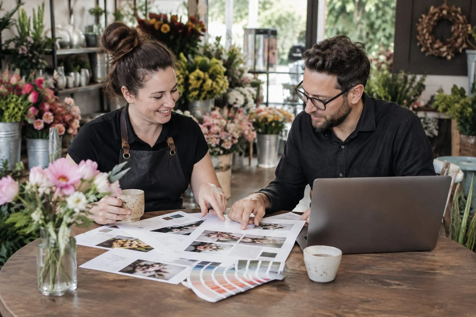 Brisbane florist and web designer reviewing printed website page layouts and colour swatches