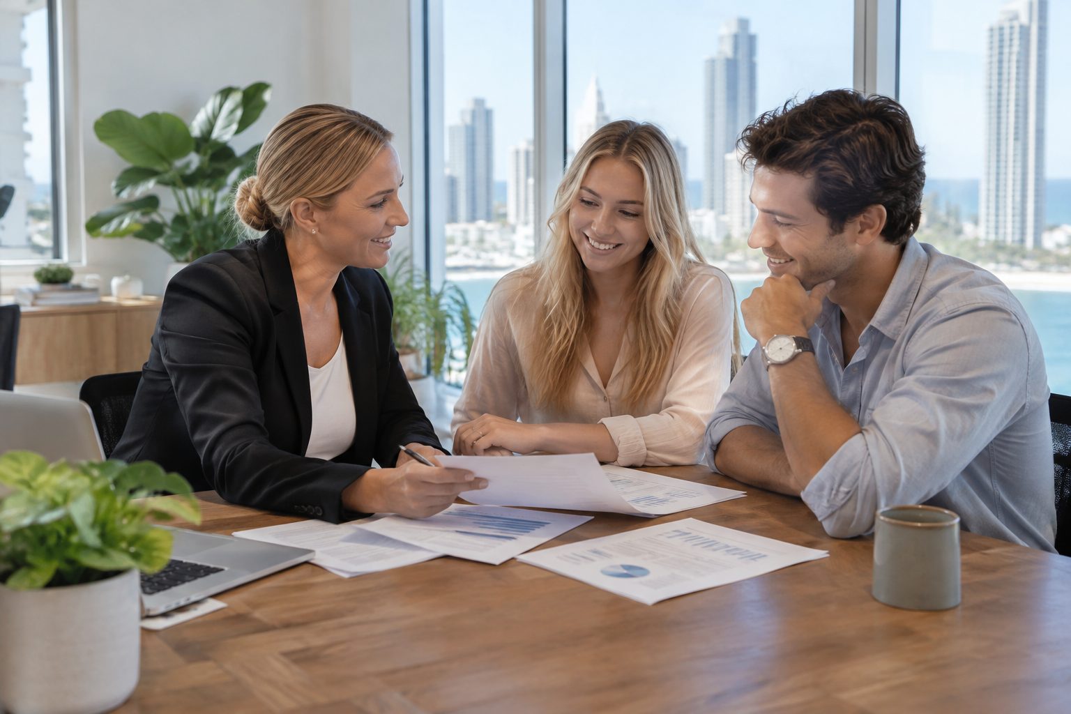 Gold Coast accountant reviewing financial reports with a small business couple
