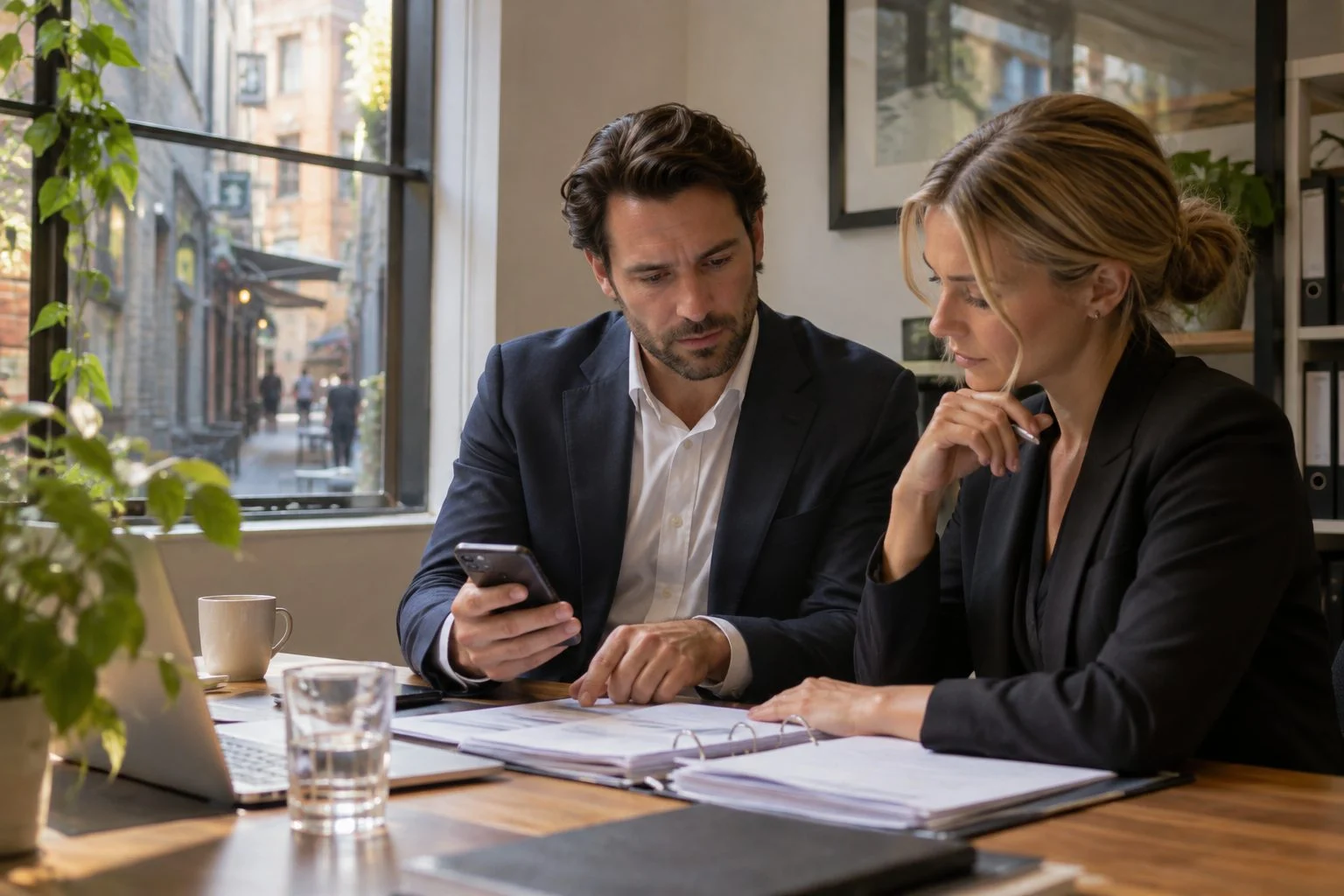 Two Melbourne accountants reviewing client paperwork and a phone at an office desk