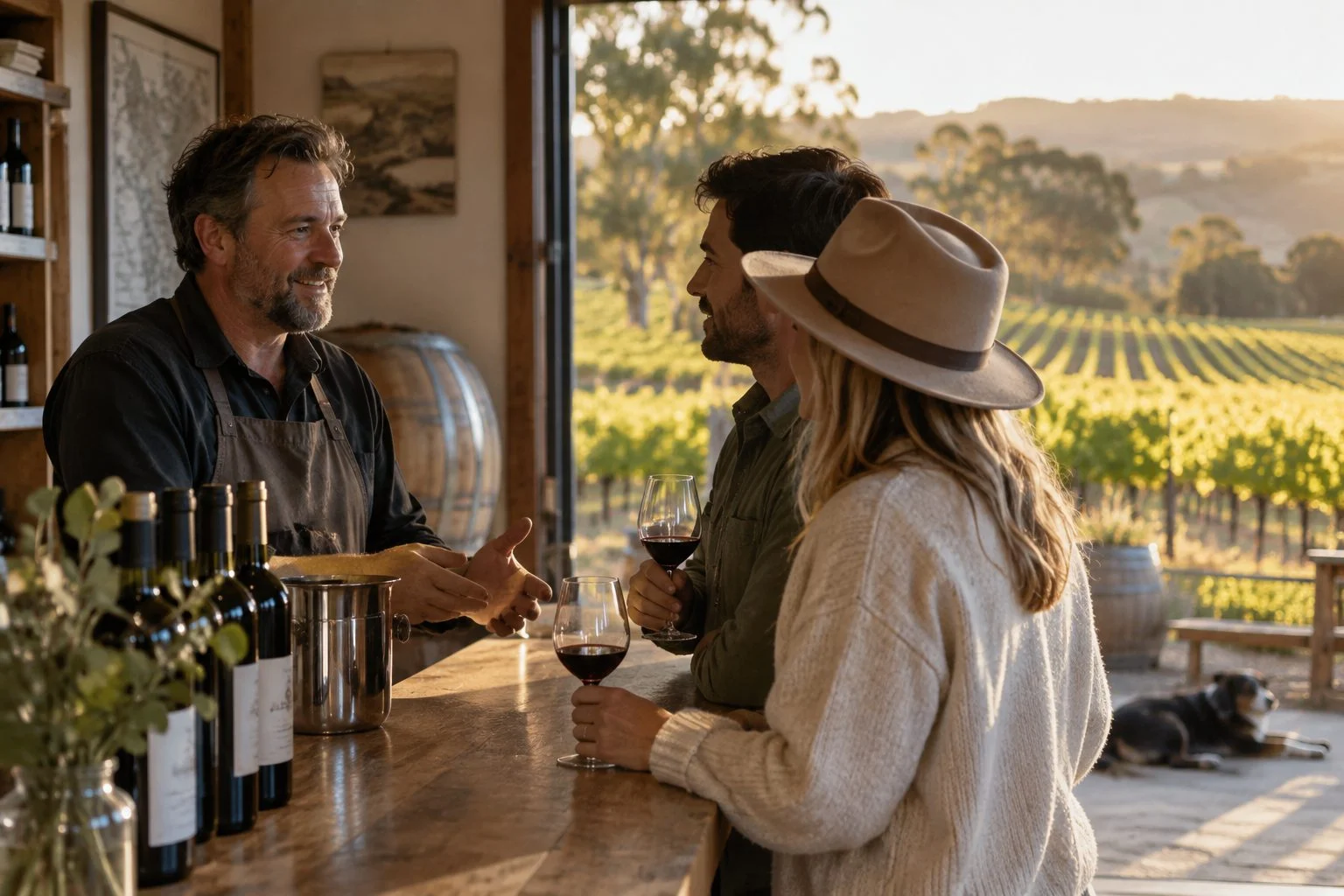 Regional Victorian winery owner talking with visitors at the cellar door at golden hour