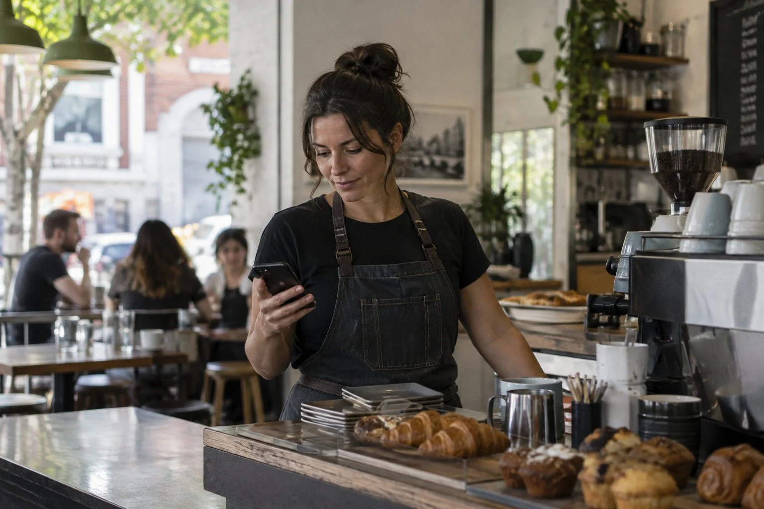 Sydney cafe owner behind the counter checking a smartphone between customers