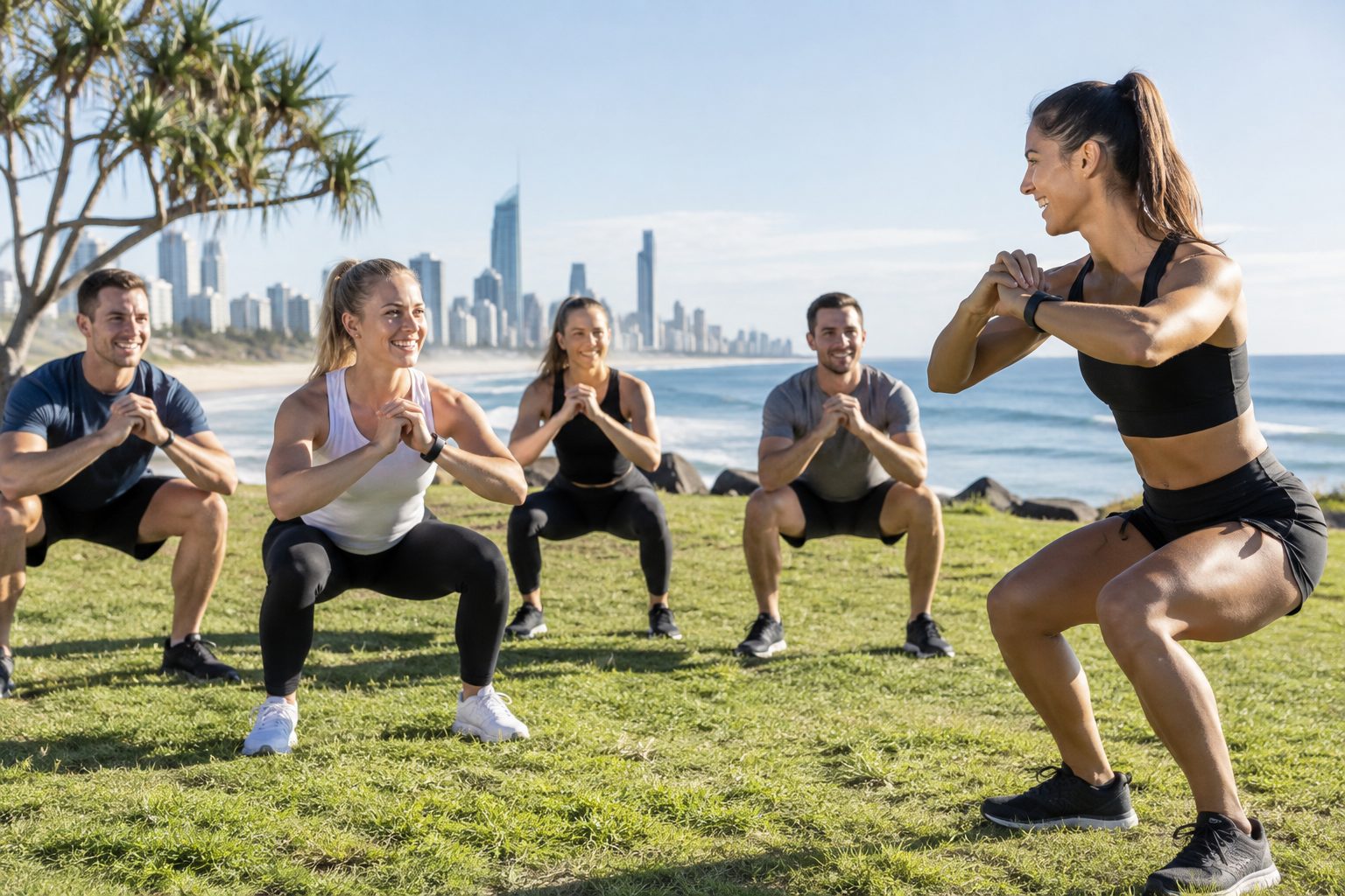 Personal trainer coaching a small group outdoors on the Gold Coast