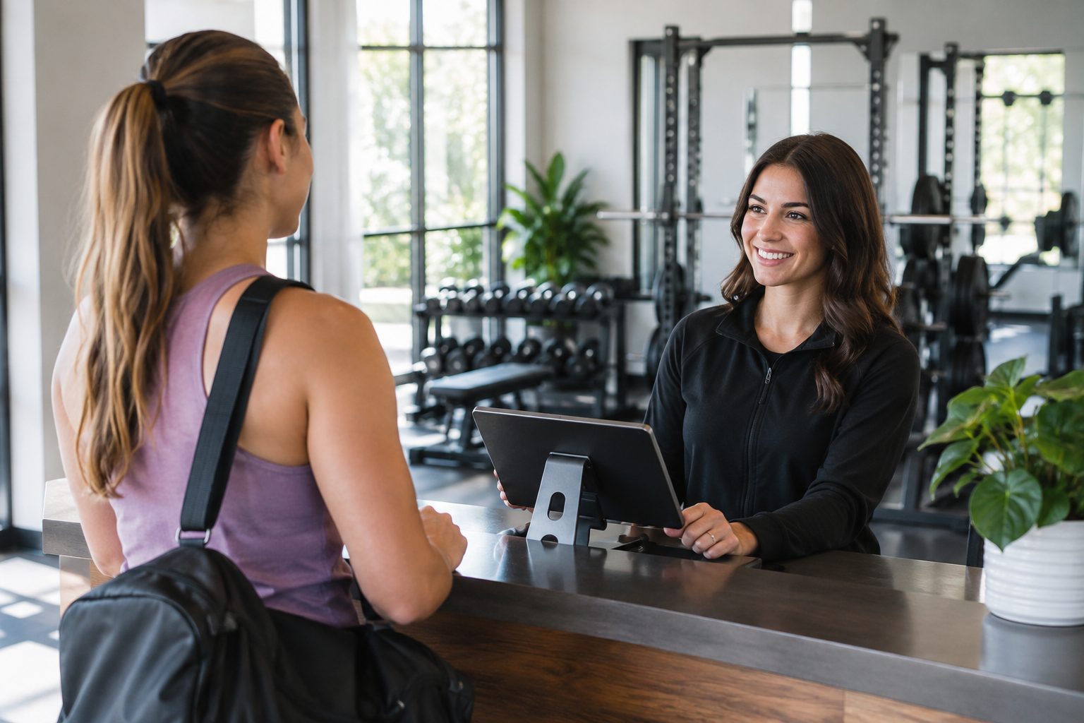 Front desk team member welcoming a new member at a boutique gym on the Gold Coast