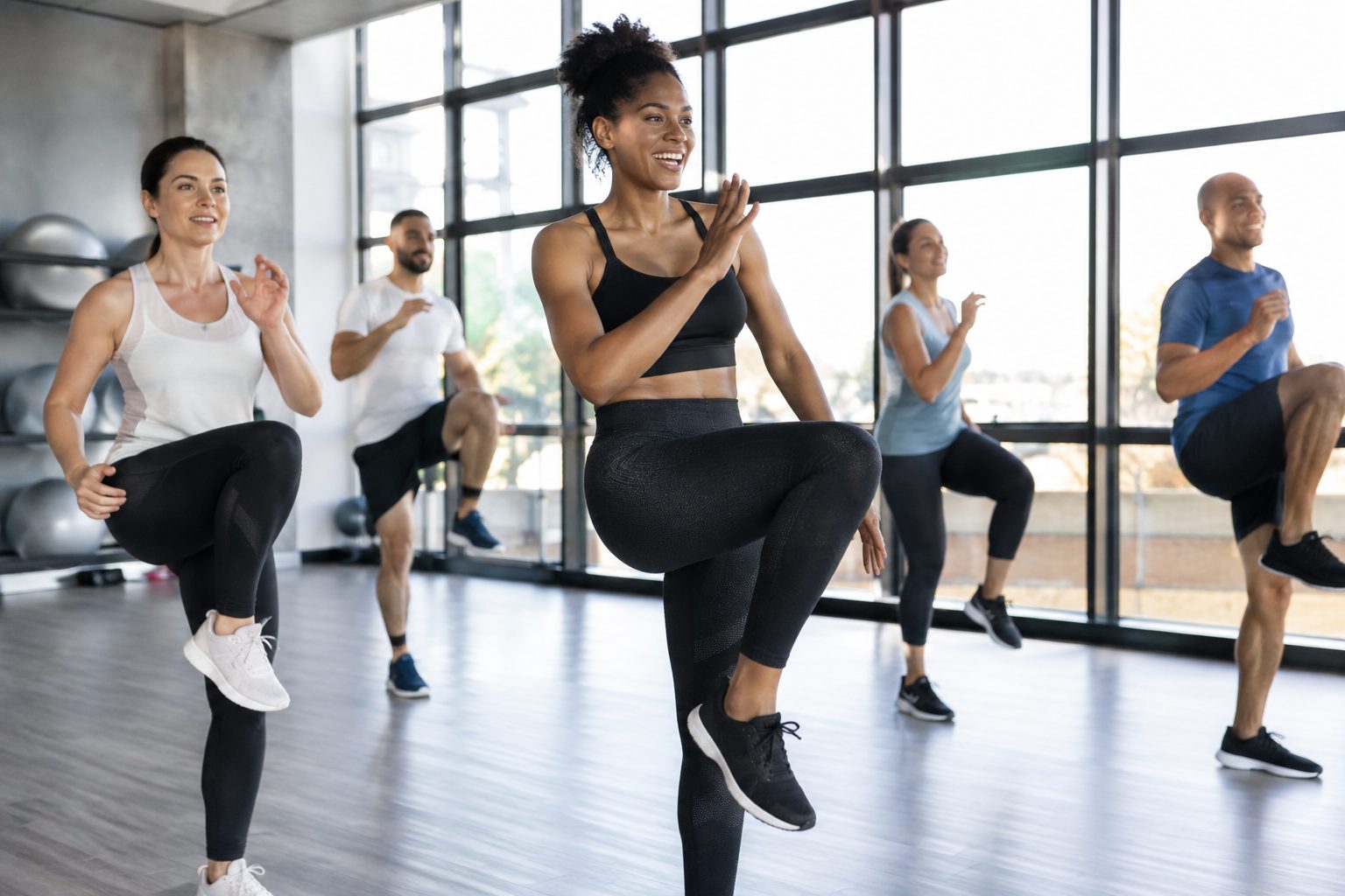 Group fitness class in progress in a bright studio