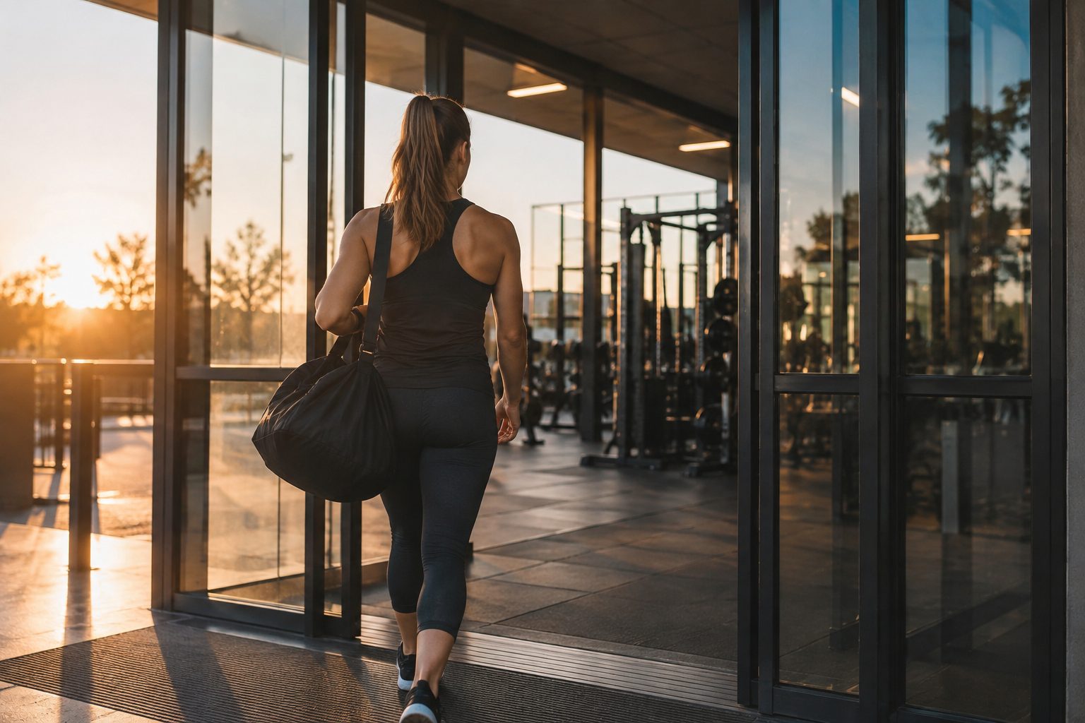 Member walking into a modern Australian gym at dawn