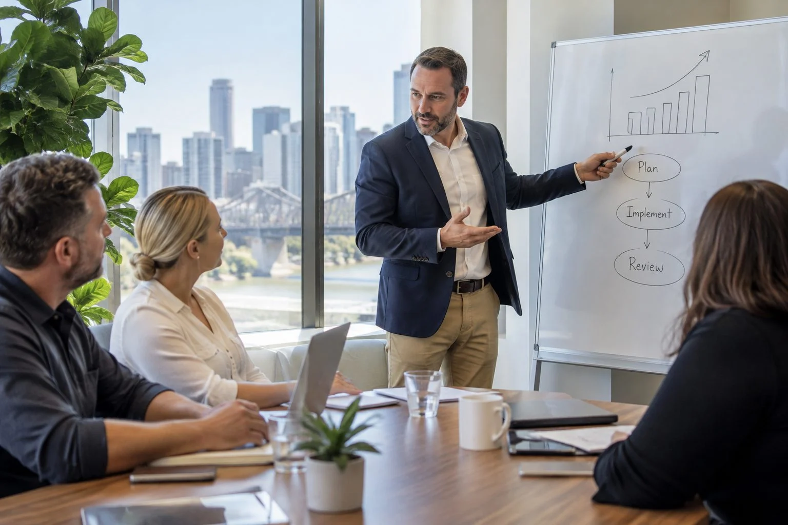 Financial adviser presenting a simple plan on a whiteboard to small business owners in a Brisbane meeting room