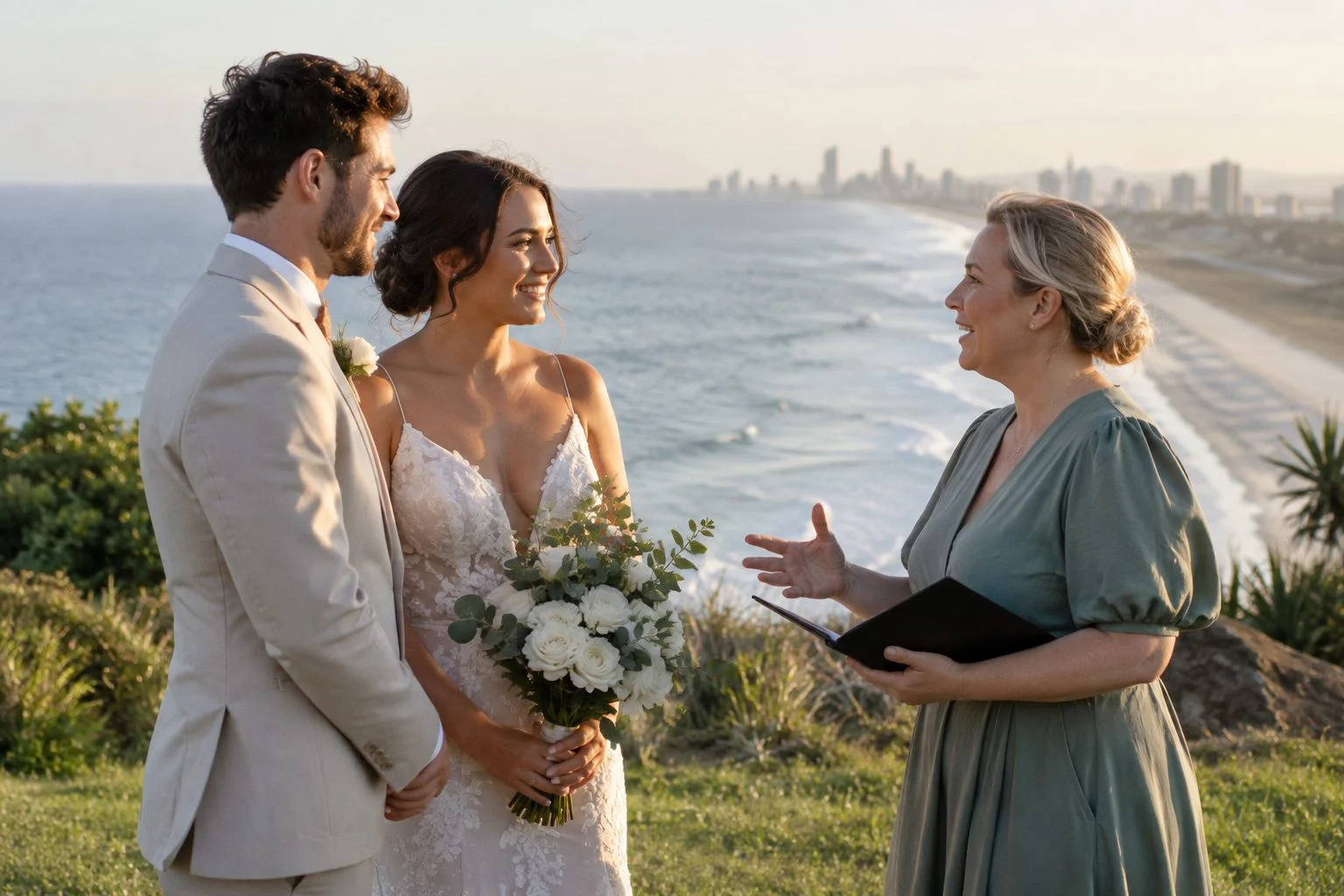 Marriage celebrant talking with a couple on a Gold Coast headland ceremony spot at sunset