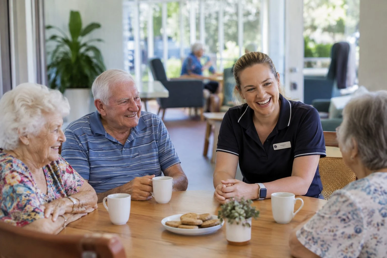 Aged care lifestyle coordinator chatting with seniors around a table in a bright Queensland common room