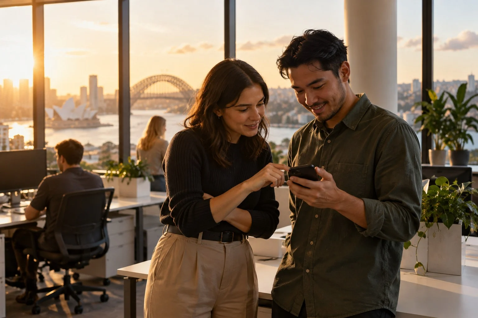 Two colleagues in a Sydney office looking at a phone together
