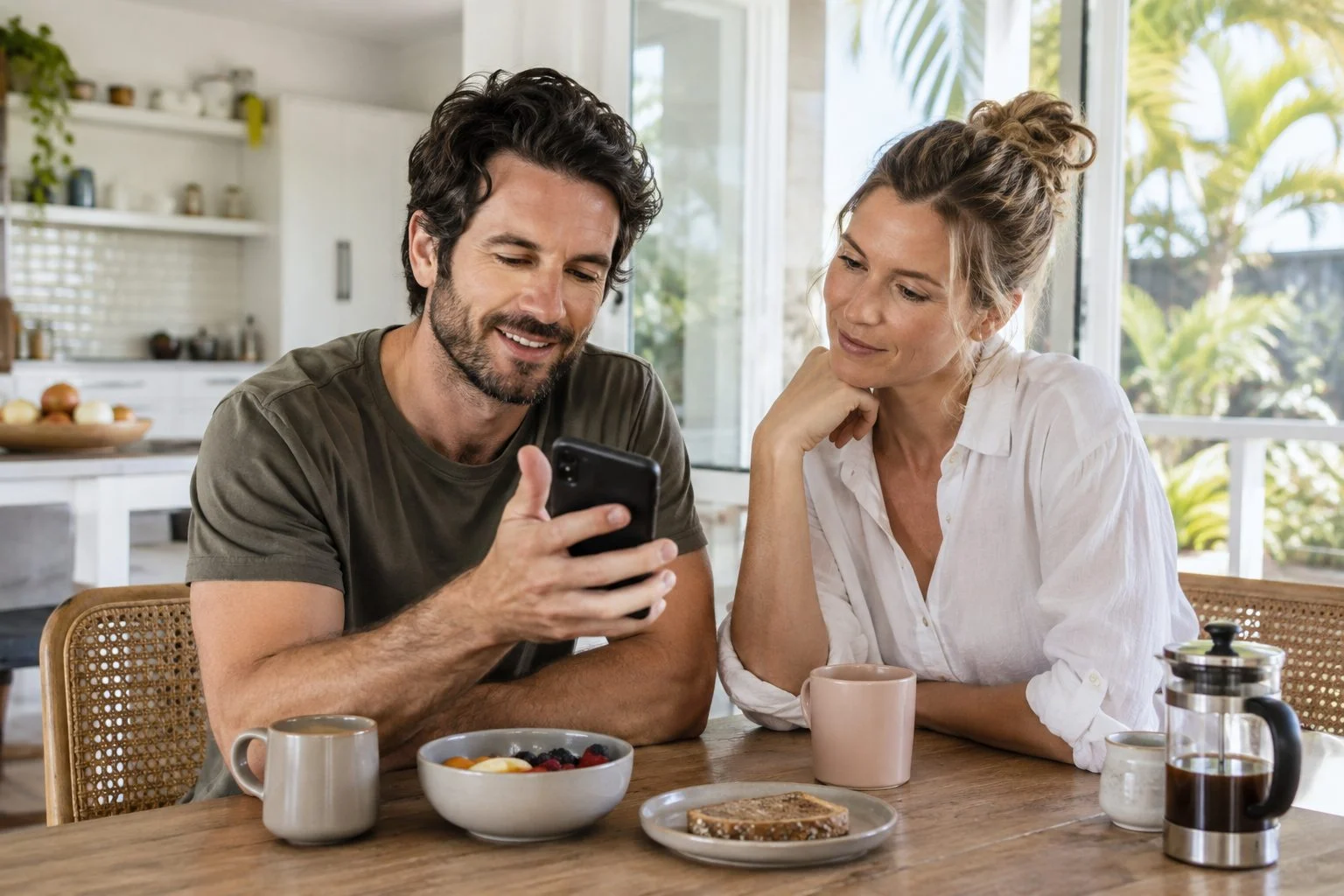 Couple at a Queensland kitchen table asking a smartphone a question over breakfast